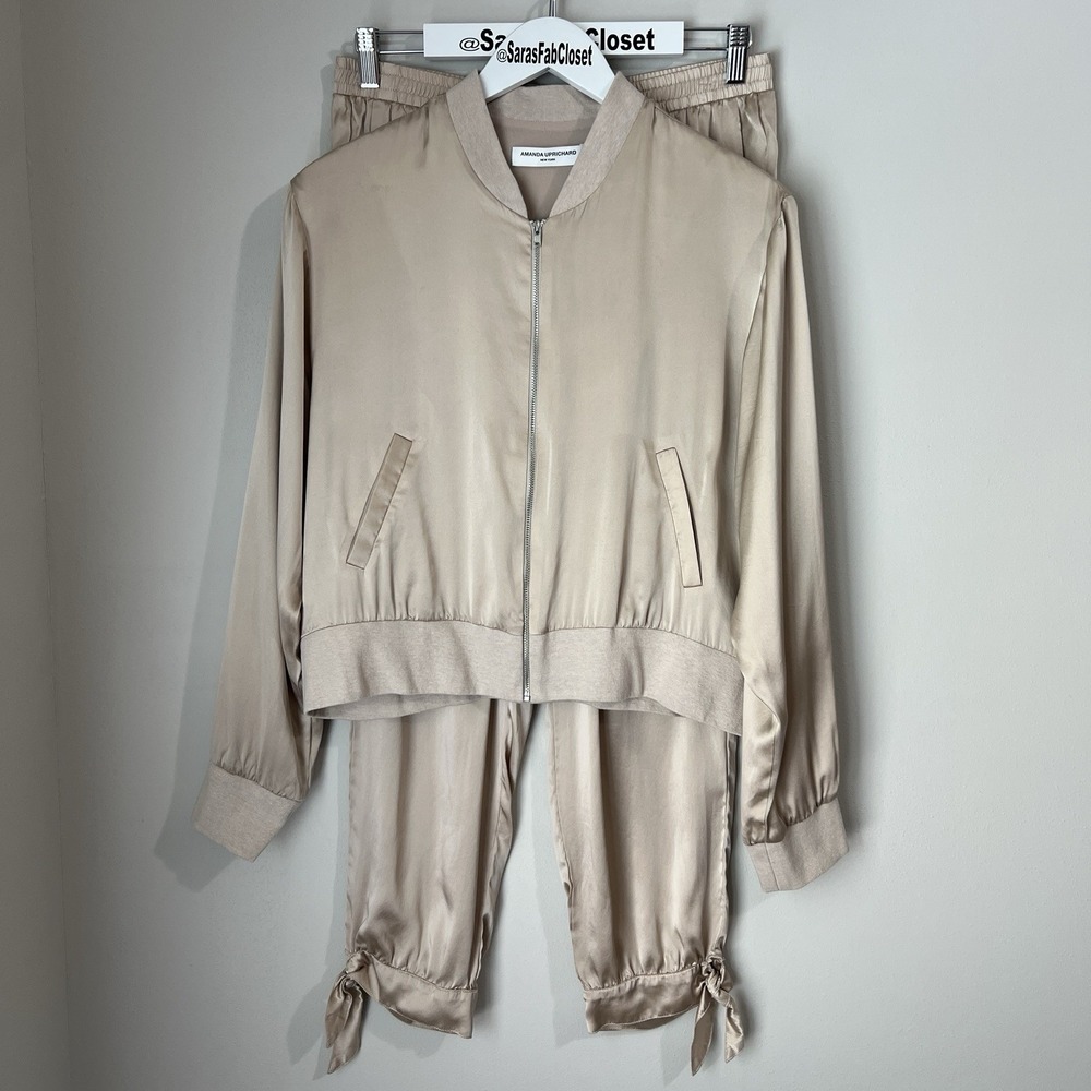Amanda Uprichard Satin Matching Set Large 100% Silk Frankie Bomber Jacket Pants